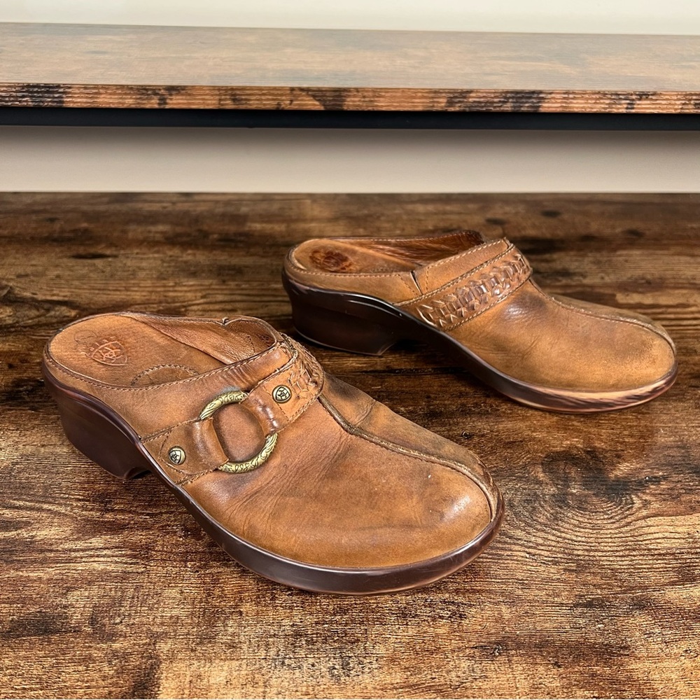 Ariat Brown Leather Mules with Gold Buckle